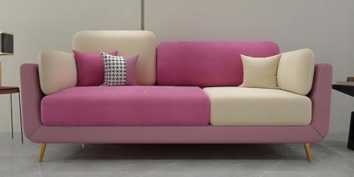 Image of Modern & Luxury Cushioned Couch Relax sectional Sofa in Fabric & Velvet and Heavy Duty Sofa Ideal for bedrooms, Living Rooms, Guest Rooms, Homes, and Office-(3 Seater Pink & Beigee).