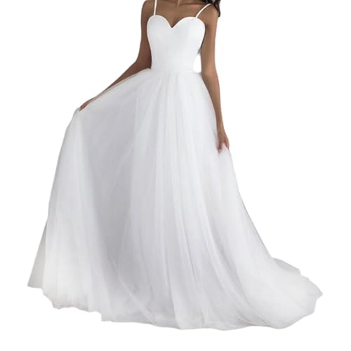 Leeonway Robe De MariéE Longue en Tulle,Robe De MariéE Princesse,Robes Bal Longues EléGante,Robes Mariées Femme Princesse,Blanche Mariage Civil,Col V A...