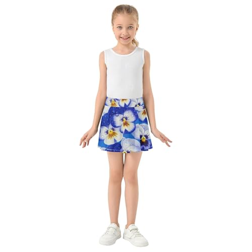 Athletic Shorts Girls Skorts Blue White Pansy Flowers Skirts with Shorts Floral Girl Skort 3t3