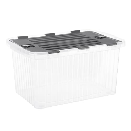 Image of Superio Storage Box with Hinged Lids, Plastic Container Bins for Organizing with Attached Lid, Stackable Crates, BPA Free, Organizers for Home, 35 Quart (Clear with Grey Lids, 20.25 inchx14 inchx10.5 inch)