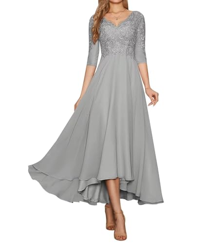 Damen Lange Mutter der Braut Kleid Spitze A Linie Brautjungfernkleider V-Ausschnitt Chiffon formell...