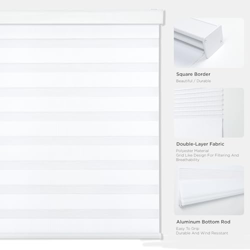 Joydeco Cordless Zebra Blinds for Windows, Dual Layer Light Control Window Blinds with Light-Proof Aluminum Cover, Free-Stop Roller Shades for Home & Office (White,22" W x 75" H)