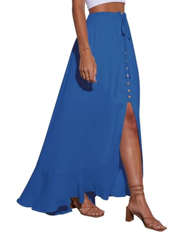 Image of Minclouse Women's Elastic Tie Waist Button Down Maxi Skirts Casual Loose Flowy Swing Slit Front Dress