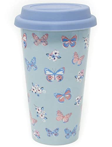 Insulated Double Walled Travel Mug Ceramic Vintage Butterfly (Duck Egg Blue)