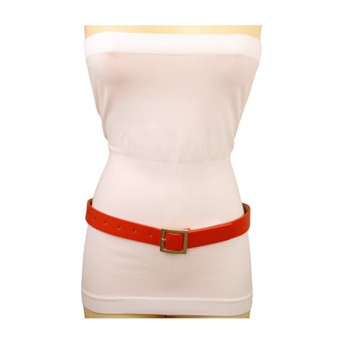 Women Gold Metal Square Buckle Fashion Orange Color Skinny Waistband Belt Size S M z0643