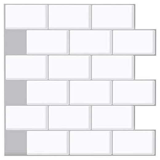 Ecoart Decorativos Adhesivos para Azulejos Pegatina de Pared, Azulejos de Gel, Diseño de Ladrillo Blanco, Efecto 3D, Cenefa Autoadhesivo, para Baño y Cocina
