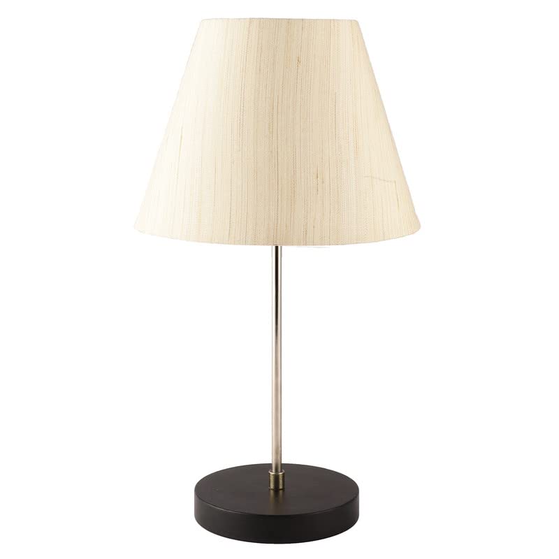 Image of Silver Table Lamp with Handmade Cotton Fabric Conical Cream Texture Shade, Table /Restaurant /Bedroom, On /Off Switch Long Wire