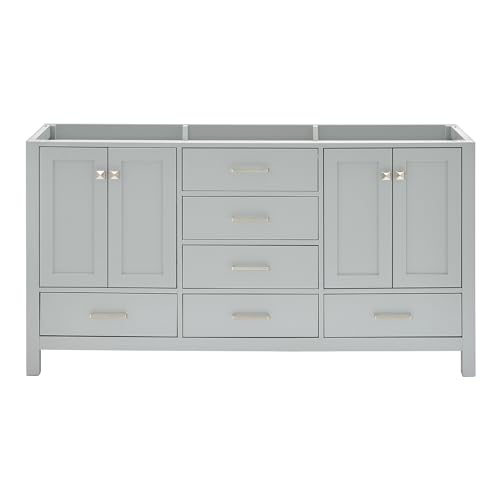 ARIEL Cambridge 66-inch Bathroom Vanity Base Cabinet,Solid Wood, 4 Soft Closing Doors, 6 Dovetail Drawers, Grey