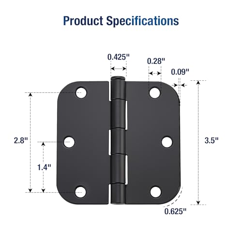 JOY DECOR 3 Pack Rounded Matte Black Door Hinges 3-1/2\" x 3-1/2\" Stainless Steel Hinges Flat Iron Bifold Residential Standard 3.5 x 3.5 Inch Door Hardware with 5/8\" Radius Corners