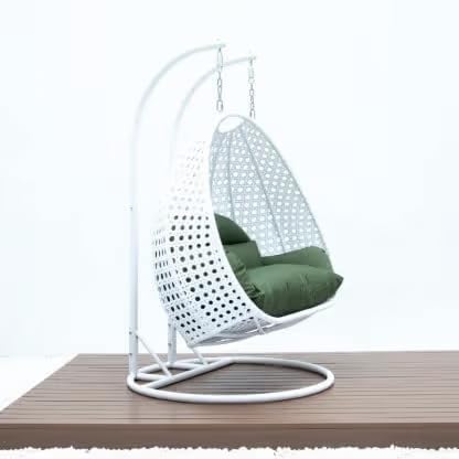 Image of Double Seater Hammock Swing Chair with Stand & Cushion | Heavy Duty Powder Coated Steel Frame | Outdoor Indoor Hanging Swing for Patio Balcony Garden Terrace Living Room (White-Dark.Green)