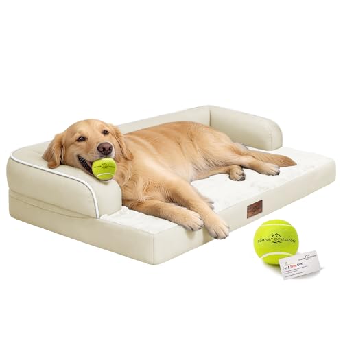 Image of Comfort Expression Washable Orthopedic Dog Bed for Extra Large Sized Dogs | Waterproof Memory Foam Pet Bed 42x30 Inch with Removable Cover with Non-Slip & Bolster, Beige