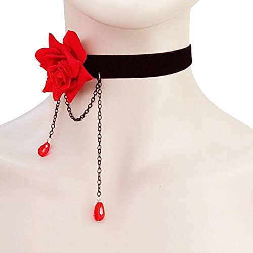 Ericotry Elegant Retro Rose Flower Collarbone Chain Clavicle Necklace Gothic Lolita Black Lace Collar Choker Ornament Wedding Halloween Accessories (Red) #TOP4