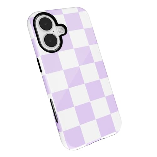 LoeoeL Checkered Phone Case for iPhone 16 Case Hard Shell, Girly Cute Aesthetic Plaid Checkers Print Cover for Women, Thin Slim Checkerboard Design Glossy Shockproof Plastic, Purple Lavender