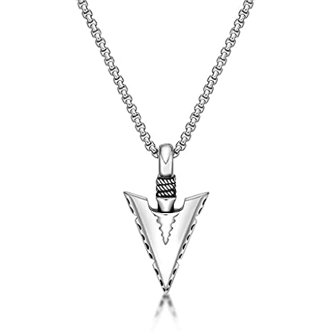 Metro Jewelry Arrow Head Pendant Necklace for Men in Stainless Steel on 24 Inches Long Round Box Chain Cover