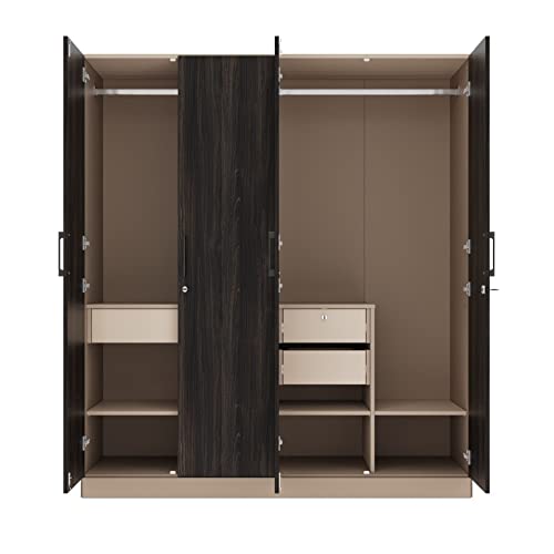 Image of Wakefit Wardrobe | 1 Year Warranty | Engineered Wood Almirah, Cupboard for Clothes Storage | 4 Door, Mirror, 5 Shelves, 1 Partition, 3 Drawers, 2 Hanging Space | Cashmere Plus - Frappe-Wyoming Maple