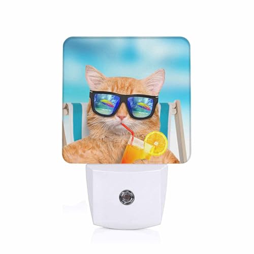 Image of LED Night Light,Funny Cat Sunglasses Relaxing Vacation On Blue Sea LED Night Light Plug into Wall with Dusk to Dawn Light Sensor White Energy Efficient Nightlight for Bedroom Living Room Kitchen