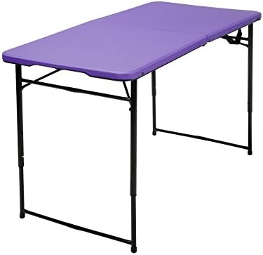 COSCO 4 ft. Indoor Outdoor Adjustable Height Center Fold Tailgate Table with Carrying Handle, Purple Table Top, Black Frame