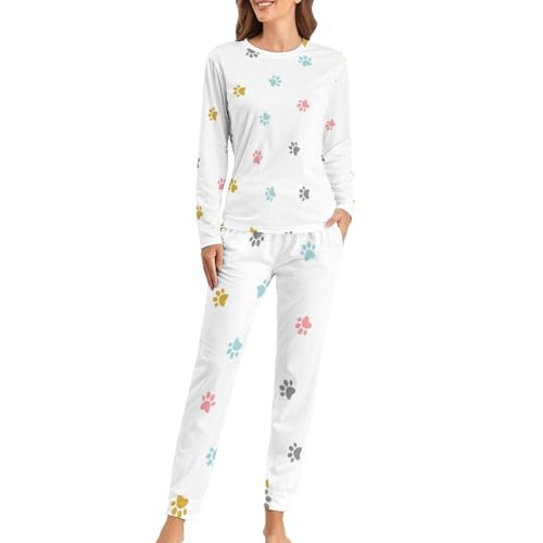 Pyjama femme empreintes de chien avec t-shirt manches longues et pantalon de nuit