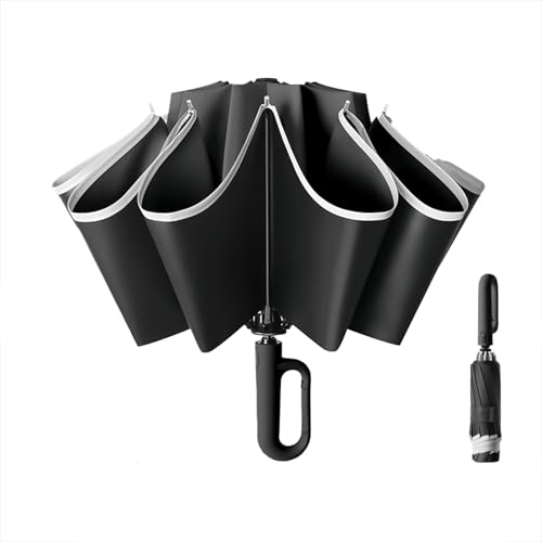 Compact Inverted Umbrella with Carabiner Handle, Large Travel Umbrella Windproof Strong, Automatic Umbrellas for Wind Rain, Auto Open Close Sun Umbrellas, 10 Rib Durable Frame for Women Men (Black)