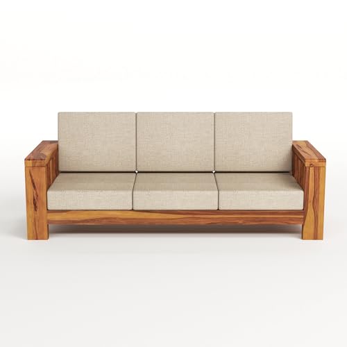 Image of Solid Sheesham Wooden 5 Seater Sofa Set for Living Room with Comfortable Cushion - Wooden Sofa Set 5 Seater for Home & Office Furniture (Honey, Haney 5 Seater 3+1+1)