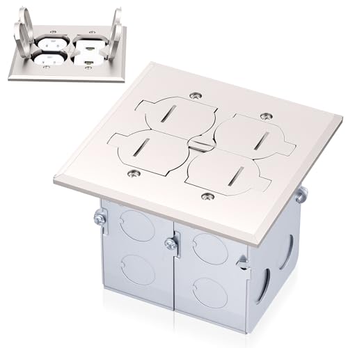 Image of Recessed Floor Outlet Box, UL Listed Nickel Plated Brass Low Profile Hidden Weather Flip-up Floor Outlet, 2-Gang 20A Tamper Resistant Receptacles for Living Room, Home Office, Conference Room