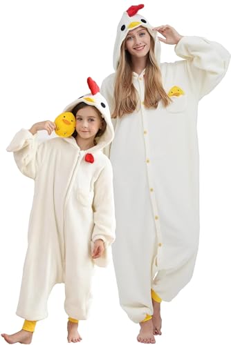 DarkCom Huhn Onesie für Kinder und Erwachsene Eltern-Kind Karneval Schlafanzug Cosplay Halloween Tierkostüm Weihnachten Pyjamas L
