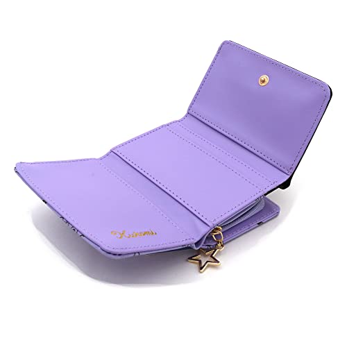 Image of Kuromi Black Face Purse Adorable Japanese Kawaii Cartoon Kitty's Friends Design Cute Pattern Purple Trifold Compact Card Cash Wallet with Coin Zipper Pocket
