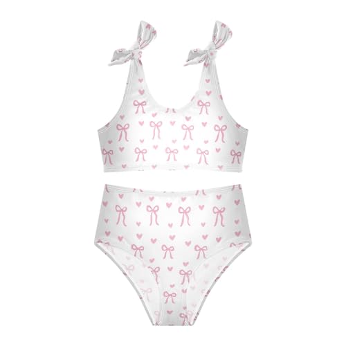 Wusikd Pink Bows Girls Swimsuits Two Piece Hearts Ribbons Swimwear Bikini Set for for Girls Size 11-12T3