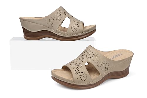 Image of TEMOFON Women Wedge Sandals Dressy: Comfortable Lightweight Summer Shoes | Low Wedge Heel - Fit Wide Feet - Comfy Stylish Slip on Sandals Size 5-11