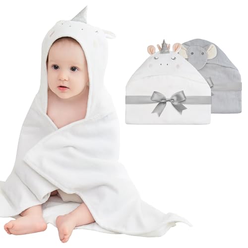 Image of Softan 2 Pack Baby Hooded Towels, Premium Soft Cotton Baby Bath Towels with Hood, Extra Thick and Super Absorbent, Essential for Newborns, Infants and Toddlers (Gray Elephant & White Unicorn)