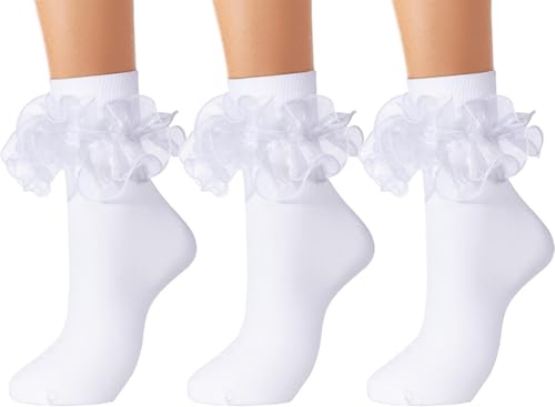 NiceBaby Big Ruffle Socks Women, Cotton Comfort Ankle Ribbed Turn-Cuff Double Lace Cute Frilly Crew Socks