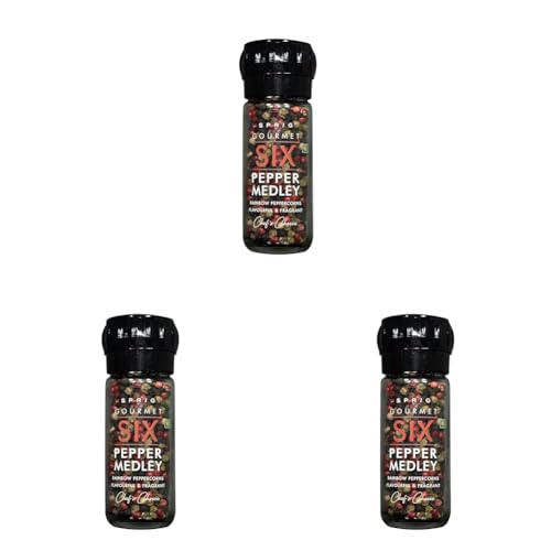 Image of Sprig Gourmet Six Pepper Medley 42g | Chef's Choice | Colourful & Flavourful | Rainbow Peppercorn Blend | Whole Dried Peppercorns (Black, White, Pink, Green, Sichuan, Cubeb) | Reusable Glass Grinder Bottle