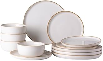 GBHOME Ceramic Dinnerware Sets for 4, 12 Pieces Stoneware Plates and Bowls Sets, Scratch Resistant Dishes, Dishwasher & Microwave Safe, Reactive Glaze-White