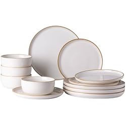GBHOME Ceramic Dinnerware Sets for 4, 12 Pieces Stoneware Plates and Bowls Sets, Scratch Resistant Dishes, Dishwasher & Microwave Safe, Reactive Glaze-White