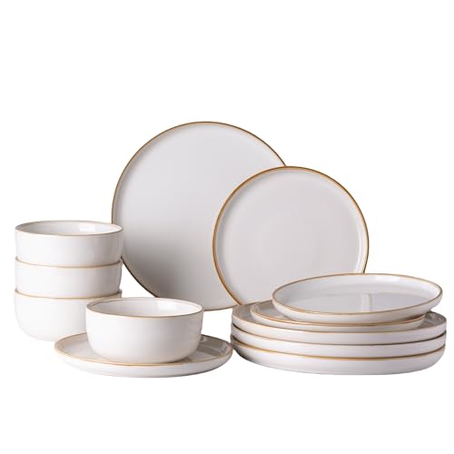 GBHOME Ceramic Dinnerware Sets for 4, 12 Pieces Stoneware Plates and Bowls Sets, Scratch Resistant Dishes, Dishwasher & Microwave Safe, Reactive Glaze-White by GBhome - Used condition - US$63.33