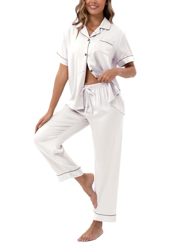 Image of UMBY Silk Satin Pajamas for Women Set 2 Piece button down Soft Silk Pjs Sets Cozy Silky Pajama Short Sleeve