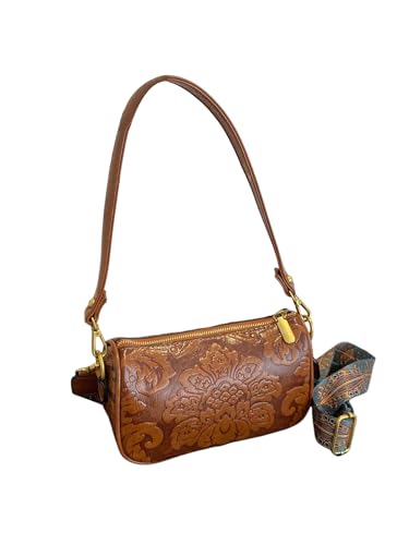 QWINEE Womens Western Purse Floral Zipper Tooled Leather Crossbody Bag Vintage Country Cowgirl Hobo Square Purse Brown One Size