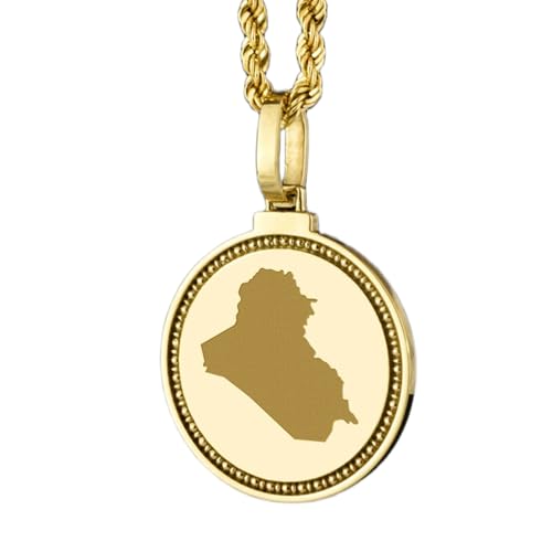 WORLD WIDE GEMS Pendentif rond en argent sterling 925, gravé d'une carte de l'Irak, 25 mm, plaqué or, bijou de voyage unisexe | WW_EGMP_0017