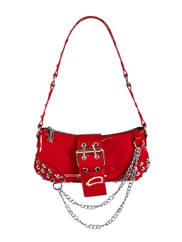 QWINEE Women's Studded Shoulder Bag Y2k Chain Clutch Purses Vintage Buckle Leather Underarm Bag