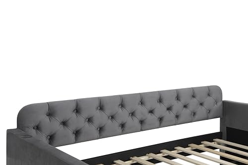 Tiiiopkvvv Gepolstertes Tagesbett für Doppelbett, mit Ausziehbett und USB-Lade-Design, stabile Holzlattenstütze, Holzbett für Schlafzimmer/Gästezimmer/Wohnheim, Plüschsamt, Dunkelgrau 18#