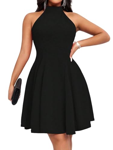 SweatyRocks Damen A Linie Kleid Neckholder Sommerkleid mit Rüschen Kurzes Kleider Ärmelloses Trägerkleid Knielang Freizeitkleid Partykleid Schwarz...