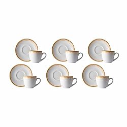 Estojo com 6 Xícaras de Chá com Pires em Porcelana, Modelo Horsa, Redondo, Decoração Névoa Mostarda, Porcelana Schmidt
