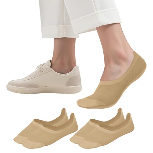C4N Women's No-Show Socks 2-Pack with Silicone Grip, Padded Invisible Liner for Flats & Loafers(Beige, Black)