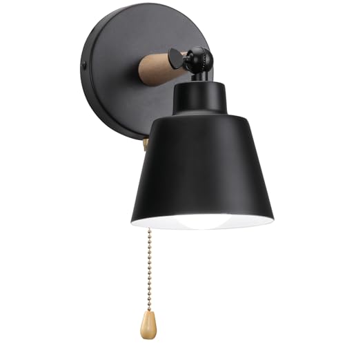 TOKTOP Applique Murale Intérieur avec Interrupteur, Vintage Lampe Murale E27 Bois Industrielle Luminaires Appliques pour Chambre Salon Couloir Noir