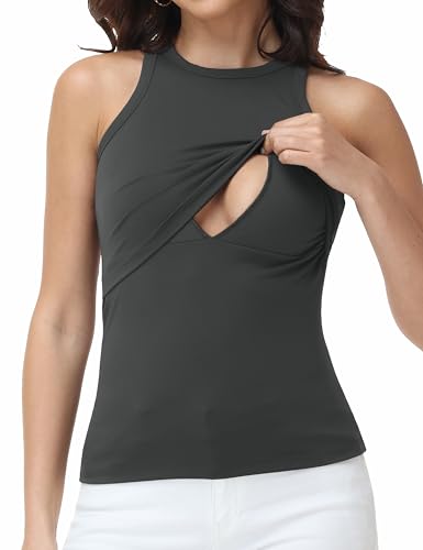 V VOCNI Nursing Tank Tops Racerback Sleeveless Nursing Shirts Summer Breastfeeding Tank Grey Medium