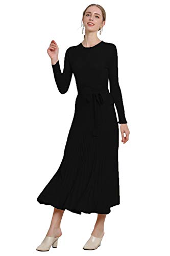 Image of Women's Long Knit Crewneck Sweater Dress Tie Waist A-Line Swing Pleated Bodycon