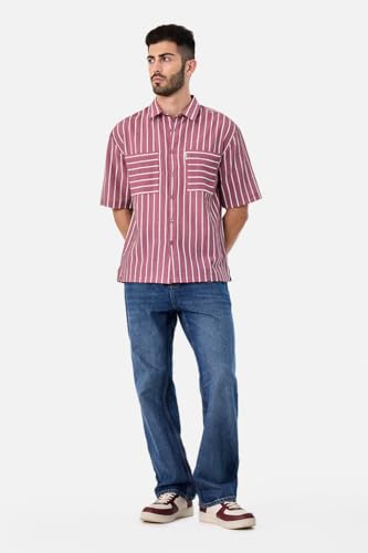 Image of SNITCH Men Casual Plus Size Shirt | Regular Fit Full Sleeve Mandarin Collar Striped Design | Premium Cotton Linen Blend & Breathable Fabric for Office & Everyday Wear