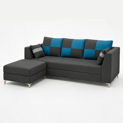 Image of FURNY Signature Cresta 4-Seater L-Shape Sofa Set with Movable Ottoman | Flexible LHS /RHS Layout | Boston Fabric | 40D Foam + Zigzag Spring | 3-Yr Warranty (Dark Gray - Aqua Blue)
