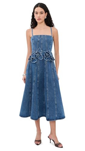 AKNVAS Women's Eryn Denim Midi Dress with 3D Roses, Blue Denim, 0 : Clothing, Shoes & Jewelry