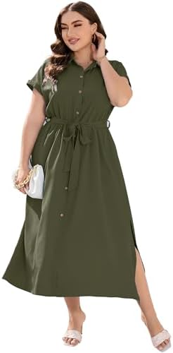 KOJOOIN Plus Size Maxi Dresses for Women Summer Tie Belt Work Pol...